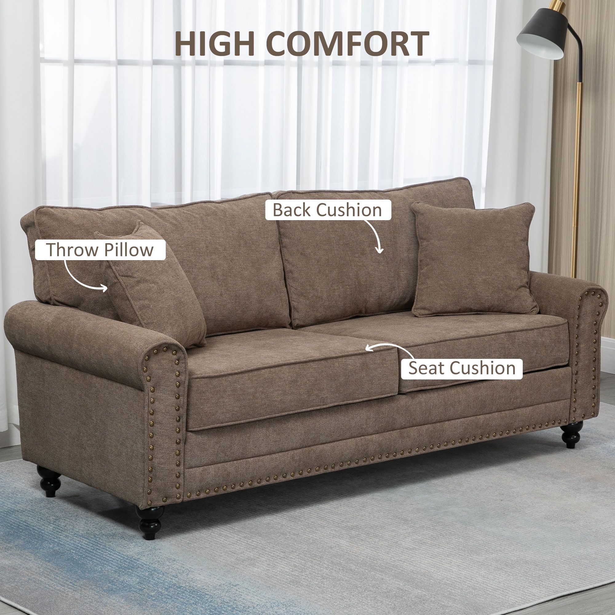 Sofas Chairs 3 Seater Sofas Fabric Sofa with Nailhead Trim Cushions and Throw Pillows HOMCOM